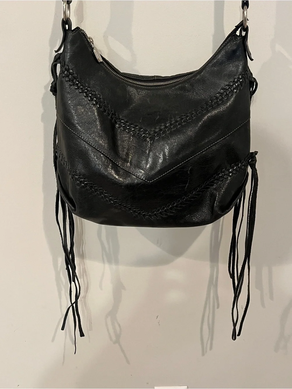 Prüne Black Leather Fringe Hobo Shoulder Bag
